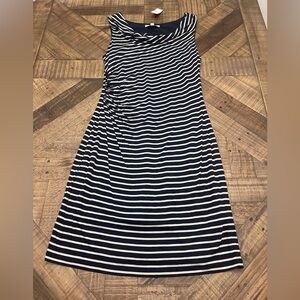 LOFT Navy and White Striped Midi Dress with Side Ruching